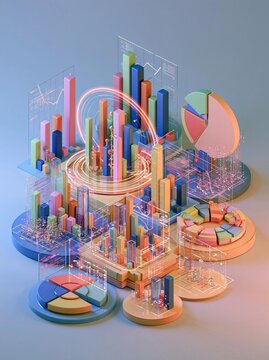 3d rendering of a futuristic cityscape with various graphs and charts. the city is made up of different types of buildings, including skyscrapers, bars, and graphs, all in different colors and sizes.