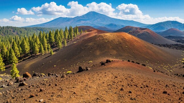 Expansive volcanic landscape with vibrant ochre hills and distant blue mountain peak. Green pine trees line dark ash slopes under bright sky with fluffy white clouds. Rocky, arid terrain unfolds.