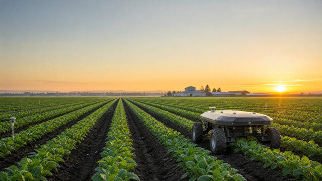 Autonomous agricultural robot in green crop field at sunrise. Smart farming technology, robotic tractor monitoring organic plants.