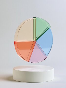 3d rendering of a colorful pie chart on a white pedestal. the pie chart is divided into six sections, each with a different color - orange, pink, blue, green, and light blue.