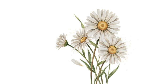 Watercolor bouquet of white daisy flowers with green stems isolated on a transparent background