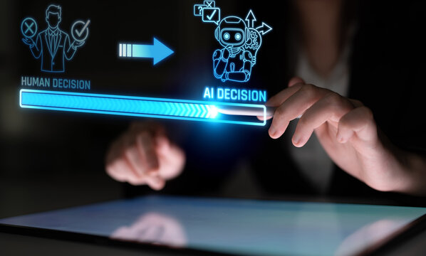 Human Decision versus AI Decision Concept with Innovative Technology Interface and Engaging Visuals Representing Future of Decision Making. Liminal.