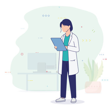 Flat vector illustration of a female doctor standing in a medical office, holding a tablet or clipboard. Modern healthcare worker concept for web and banner design.