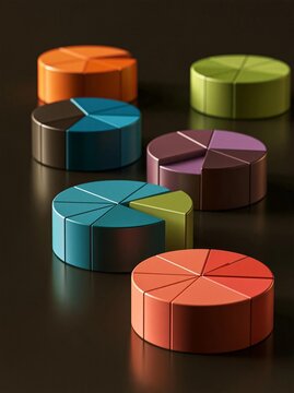Group of six colorful pie charts arranged in a circular pattern on a black surface.