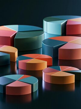 Group of colorful pie charts arranged in a circular pattern on a black surface. the pie charts are of different sizes and colors, including red, orange, blue, green, yellow, and pink.