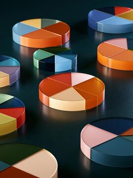 Group of circular pie charts arranged in a grid-like pattern on a dark blue background. the pie charts are of different colors, including red, orange, yellow, green, blue, pink, and purple.