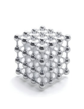 Vertical 3D Abstract Technology Object with Glossy Chrome Spheres and Metal Grids Isolated on White