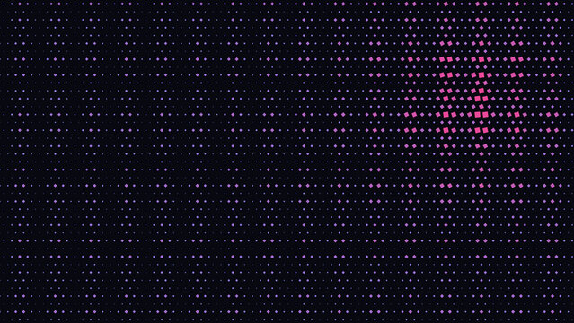 Abstract halftone pattern with pink dots on a dark background, grid geometric circle texture for digital wallpaper backdrop