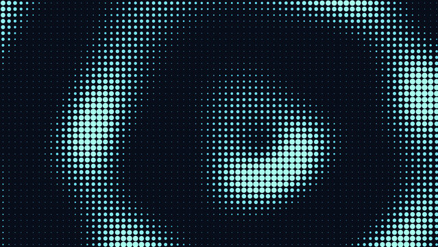 Concentric circular halftone pattern of light blue dots on a dark background, creating a radial ripple effect with varying dot size and spacing