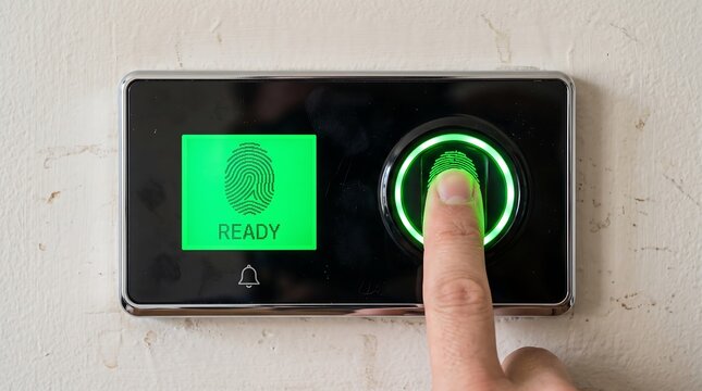 Person using a modern biometric fingerprint scanner and access control security system on a wall