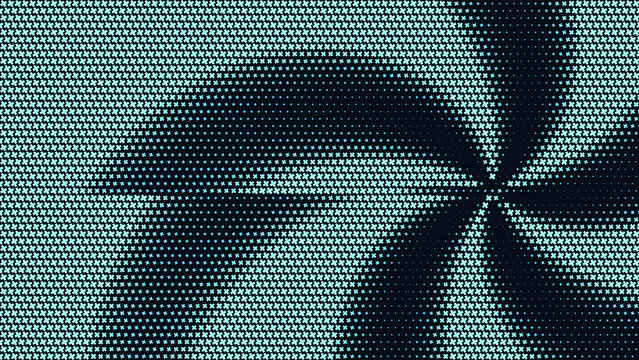 Swirling vortex of light blue plus signs on a dark background, creating a radial halftone pattern with varying density and size of symbols