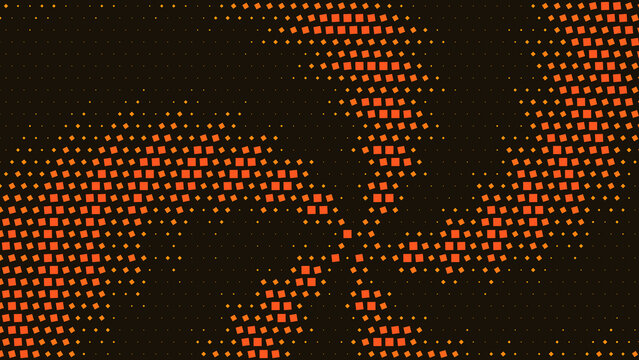 Swirling vortex of orange squares on a dark background, creating a radial halftone pattern with varying density and size of square