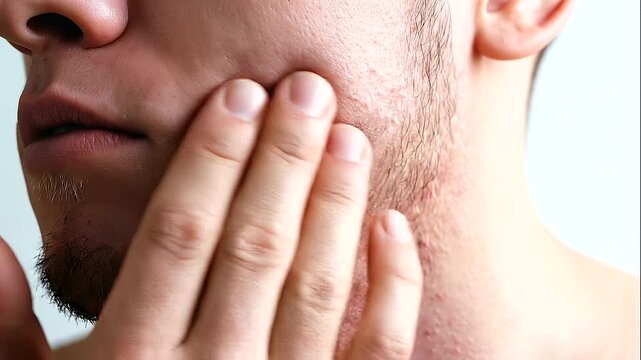 Close-up of a male hand touching an itchy patch below the chin, visible dryness, redness and peeling texture extending along the jawline and lower face, irritated epidermis shown in sharp detail, faci