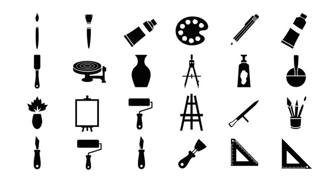 Painting tools and supplies on white background