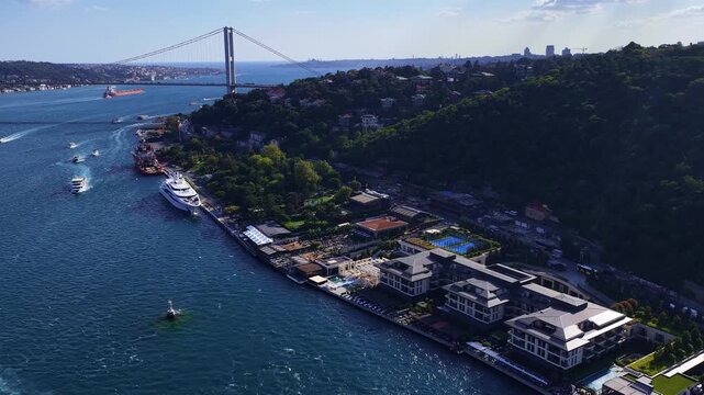 Aerial cityscape of Istanbul Bosphorus shoreline featuring waterfront estates, boats, deep blue sea, and green hills under clear sky