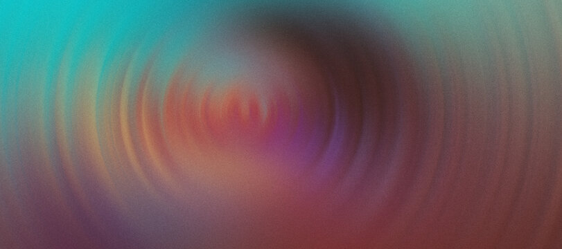 Abstract grainy circular background with turquoise and red glow, blurred concentric wave rings, noisy radial gradient texture