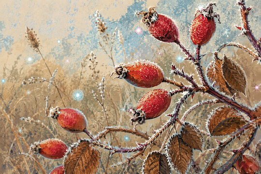 Frostige Hagebutten im Winter Light