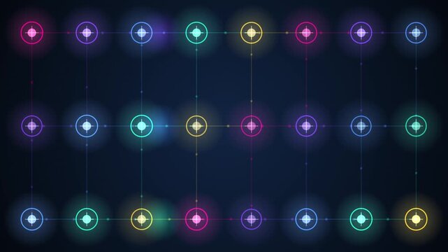 Abstract tech background with glowing neon nodes arranged in a grid pattern