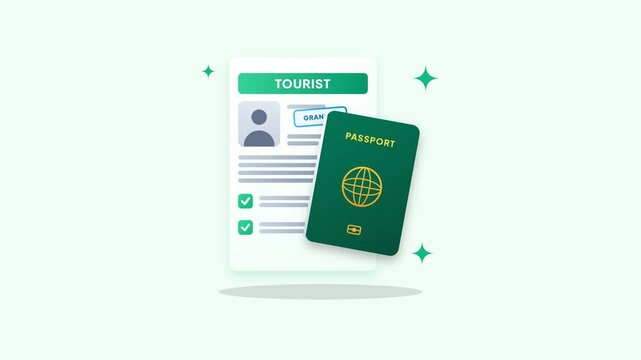 Tourist Visa Granted Animated Concept Visual Flat Design Motion Graphic Illustration for Travel Approval Passport Document