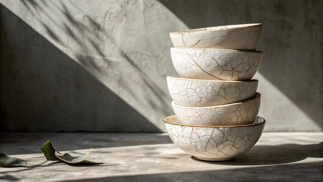 Stacked handmade ceramic bowls with crackle glaze