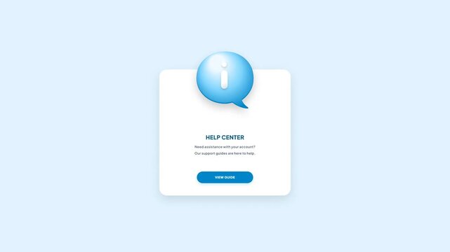 3D Help Center Popup Notification UI Design with Animated Blue Info Speech Bubble Icon, Support Interface Element Motion Graphics