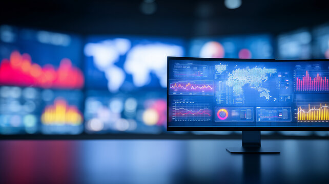A monitor filled with world maps and data charts represents global analytics monitoring and real time business intelligence.
