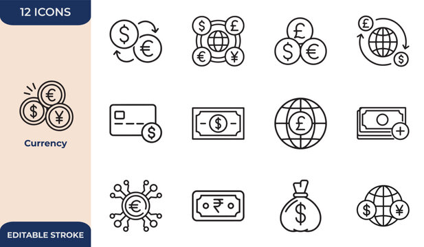 Currency, money, cash, Modern and Premium Icon Set, Editable Stroke, Professional Line Icon Collection