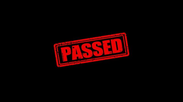 Red rubber stamp impression with passed text on black background, for control approval, approved