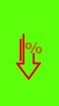 Red percentage down arrow icon animation on green screen for sales and discount marketing
