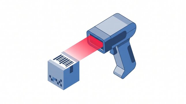 Isometric illustration of a handheld laser scanner device reading a barcode on a small shipping box for logistics and warehouse management operations
