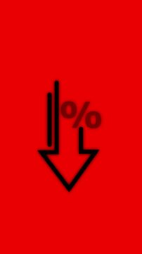 Dynamic percentage down arrow icon animation on red background, for financial sales, and discount marketing