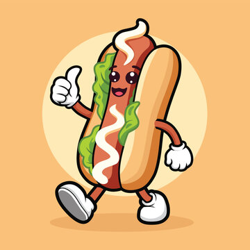 Happy Cartoon Hot Dog Character Walking with Thumbs Up