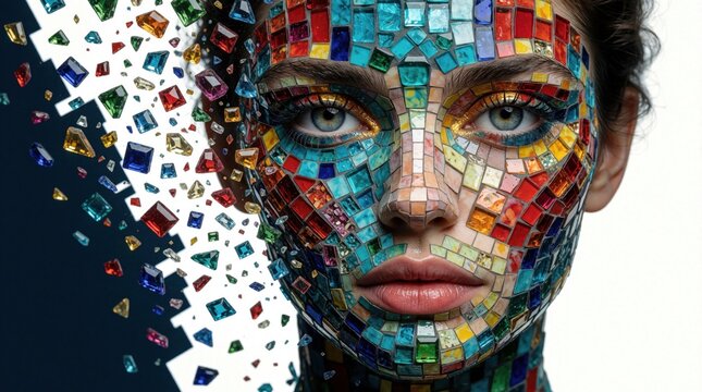 Mosaic portrait of young woman with colorful glass tiles on face. Face disintegrates into many small gemstone pieces against dark background. Abstract digital art shows creative identity, breaking