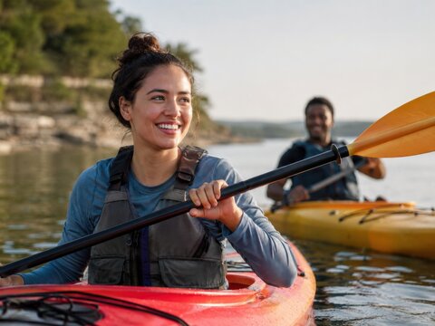 Fr&ouml;hliches Paar paddelt mit Kajaks &uuml;ber einen ruhigen See in Texas. Das aktive Urlaubserlebnis verbindet Wassersport, Naturtourismus, Abenteuer und gemeinsame Freizeit im Freien.