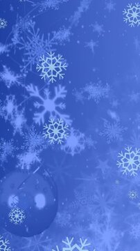 This video is a digital animation of blue snowflakes falling against a black background