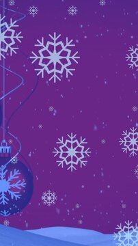 Animation of snow falling over christmas baubles decoration and winter scenery