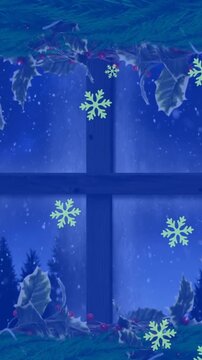 Animation of snow falling over christmas window decoration and winter scenery