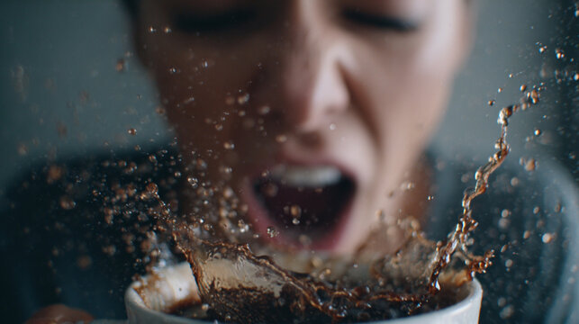 Stressed woman reacts with sudden shock as coffee spills violently from a white ceramic mug cup