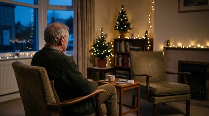 Obraz premium An elderly man sits in a cozy, warmly lit living room with festive decorations. The concept highlights themes of solitude, holiday reflection, and the comfort of home. Generative AI.