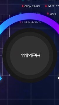 Animation of speedometer over statistical and stock market data processing on blue background