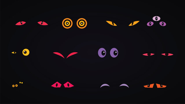 Spooky Glowing Monster Eyes in Dark Night Halloween Cartoon Creature Vectors