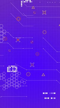 Animation of geometric shapes over circuit board pattern against blue background