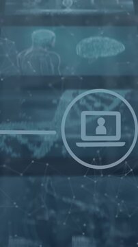 Animation of network of digital icons, network of connections, screens with medical data processing