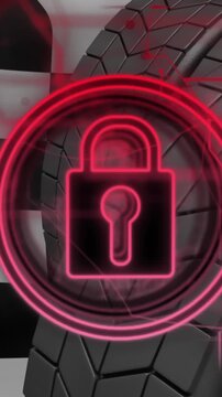 Animation of padlock icon and data processing over tyres