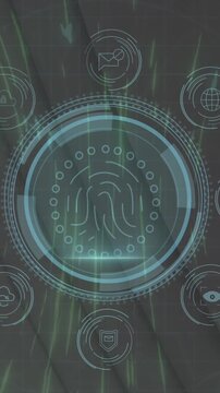 Animation of fingerprint, icon in circles, data protection text, high angle view of staircase
