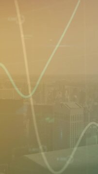 Animation of illuminated graphs over modern cityscape against sky in background