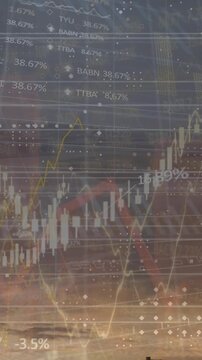 Animation of graphs with numbers and trading boards over silhouette of modern city
