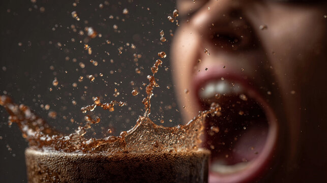 Refreshing dark soda splashing from a glass while a person screams in excitement with joy