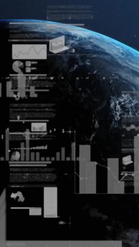 Animation of interface with statistical data processing over globe against blue background