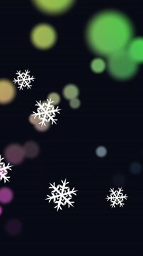 Animation of snowflakes floating against glowing spots of light on black background with copy space